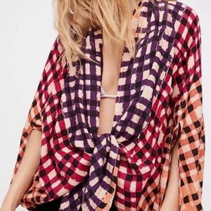 Free People Multi-Color Plaid Tie-Front Blouse (Purple, Red, Peach)